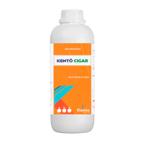 Frasco branco do biofertilizante Kentô Cigar da Kento, com rótulo laranja, azul e verde.