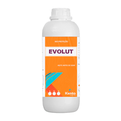 Frasco branco do biofertilizante Evolut da Kento, com rótulo laranja e azul.