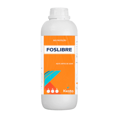 Frasco branco do biofertilizante Foslibre da Kento, com rótulo laranja e azul.