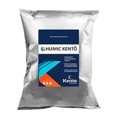 Embalagem prateada do fertilizante Humic Kentô da marca Kento.
