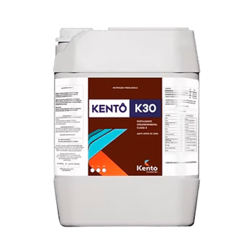 Galão de fertilizante KENTO K30 da Kento com rótulo marrom e azul.