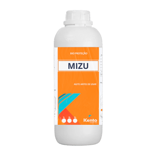 Frasco branco do biofertilizante Mizu da Kento, com rótulo laranja e detalhes em azul e vermelho.