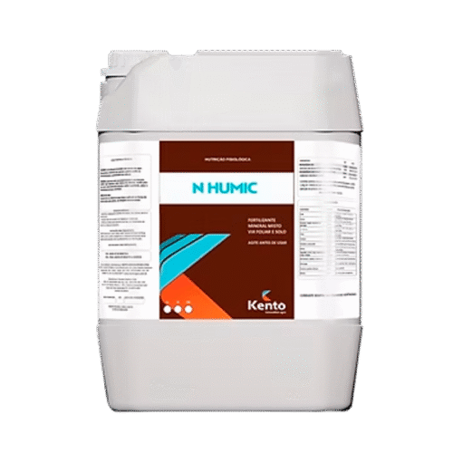 Galão de fertilizante N HUMIC da Kento com rótulo marrom e detalhes em azul e laranja.