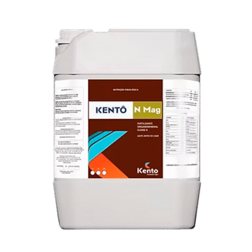 Galão de fertilizante KENTO N Mag da Kento com rótulo marrom e detalhes em verde e azul.