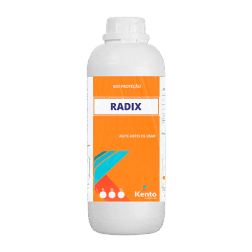 Frasco branco do biofertilizante Radix da Kento, com rótulo laranja e detalhes em azul e vermelho.