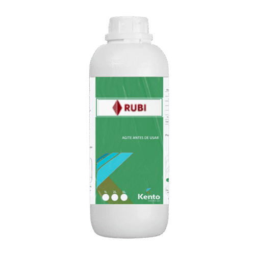 Frasco de fertilizante RUBI da Kento com rótulo verde e logo em vermelho.