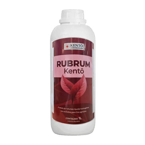 Frasco do fertilizante Rubrum Kentô, com rótulo vermelho e rosa e ilustração de folha.