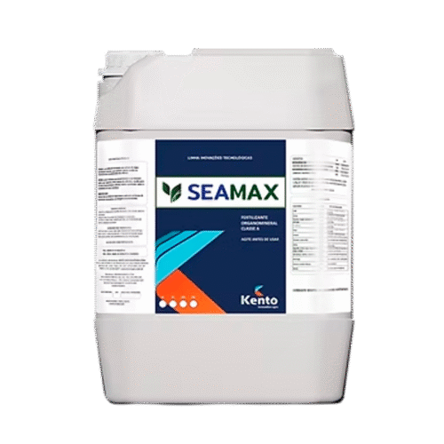 Galão de fertilizante SEAMAX da Kento com rótulo azul escuro e detalhes verdes.