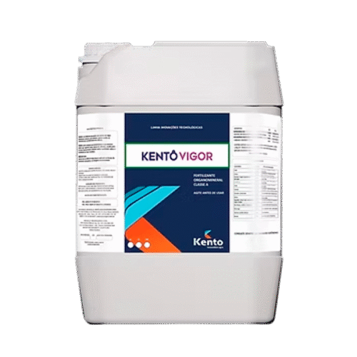 Galão de fertilizante Kentô Vigor da Kento com rótulo azul marinho e detalhes coloridos.