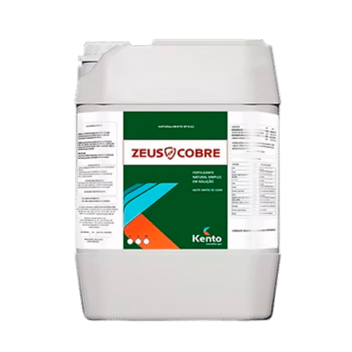 Galão branco de fertilizante Zeus Cobre da Kento com rótulo verde, vermelho e azul.