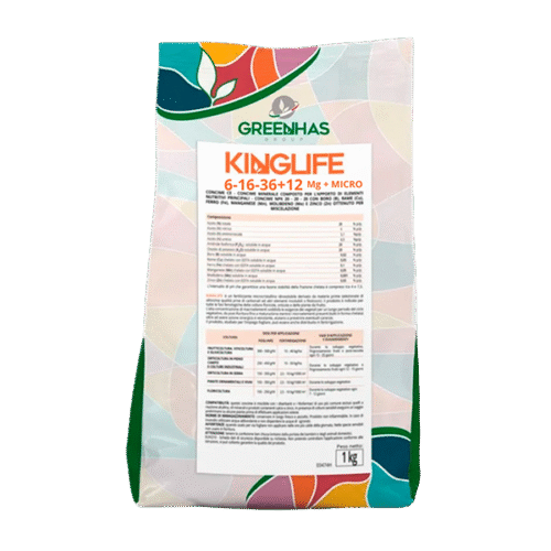 Saco de 1 kg de Kinglife 6-16-36+12Mg + Micro da Greenhas Group com design colorido e detalhes em verde.