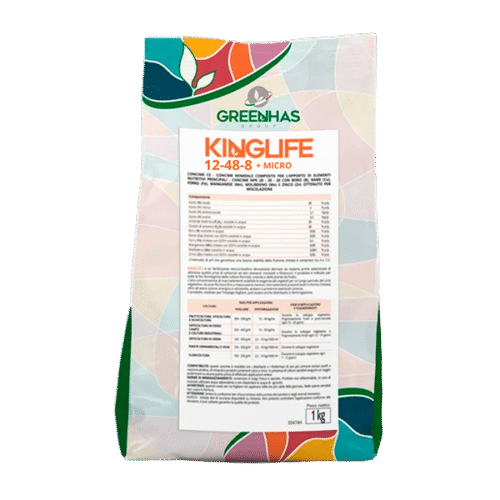 Saco de 1 kg de Kinglife 12-48-8 + Micro da Greenhas Group, com design branco, verde e detalhes coloridos.