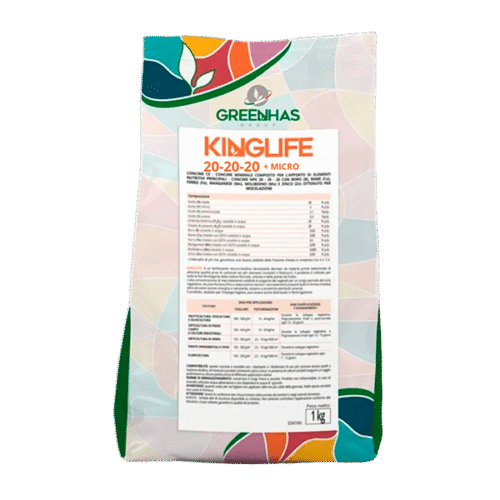 Saco de 1 kg de Kinglife 20-20-20 + Micro da Greenhas Group, com design branco, verde e detalhes coloridos.