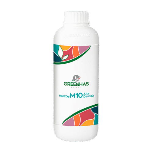 Frasco de 1 litro de HASCON M10 Alta Densità da Greenhas Group, com design branco e faixas coloridas.