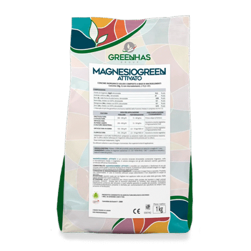 Embalagem de 1kg de MAGNESIOGREEN ATTIVATO da Greenhas Group, com design colorido e informações técnicas.