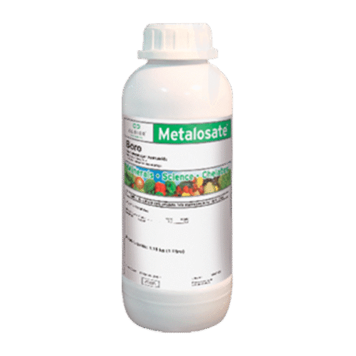 Frasco branco de Metalosate Boro da Hydroplan-EB com rótulo verde.