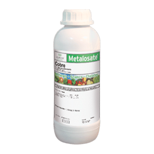 Frasco branco de Metalosate Cobre da Hydroplan-EB com rótulo verde.