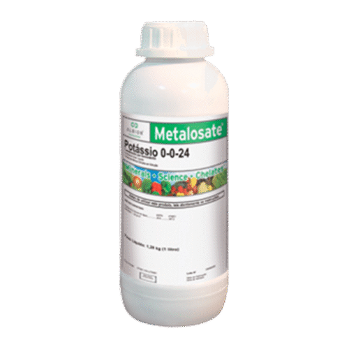 Frasco branco de Metalosate Potássio 0-0-24 da Hydroplan-EB, com rótulo branco e verde.