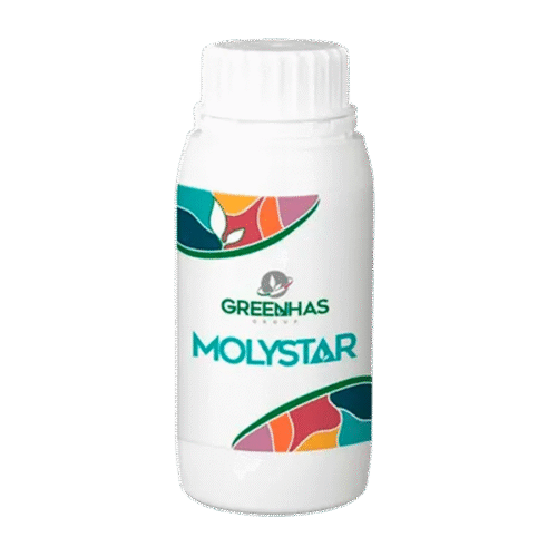 Frasco de MOLYSTAR da Greenhas Group com design colorido e logotipo da marca.