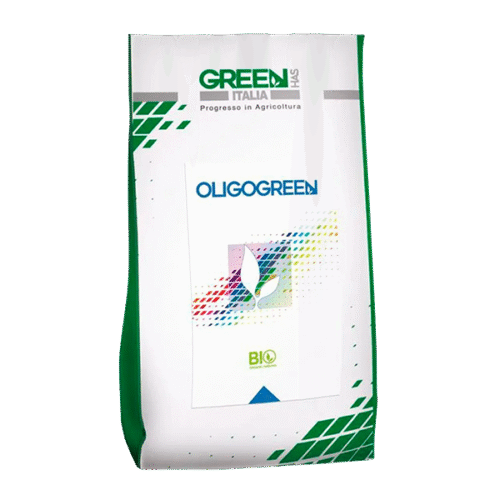 Embalagem de OLIGOGREEN da Greenhas Itália com detalhes verdes e gráficos coloridos.