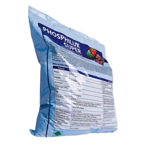 Embalagem azul do fertilizante Phosphilux Super em pó, com recomendações de uso para diversas culturas.