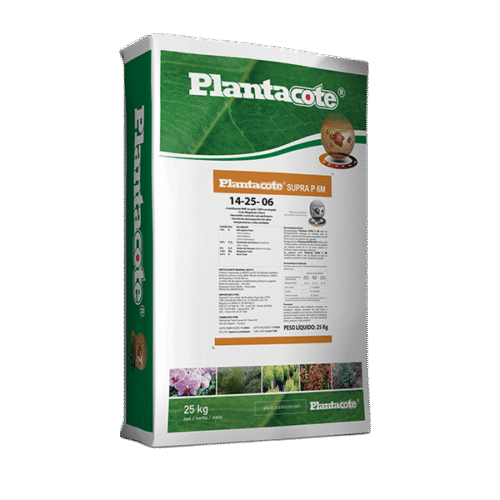 Saco de 25 kg do fertilizante Plantacote SUPRA P 6M 14-25-06 com alta concentração de fósforo.