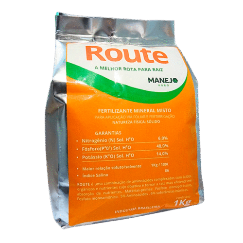 Pacote prateado de 1 kg do Route, fertilizante mineral misto para nutrição radicular.