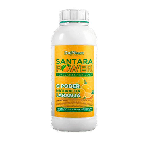 Frasco branco de adjuvante agrícola Santara Power da marca DalNeem Brasil, com rótulo laranja destacando o poder natural da laranja.