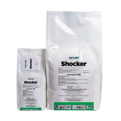 Embalagens de Shocker da marca Agrivalle, disponíveis nos tamanhos de 1kg e 5kg.