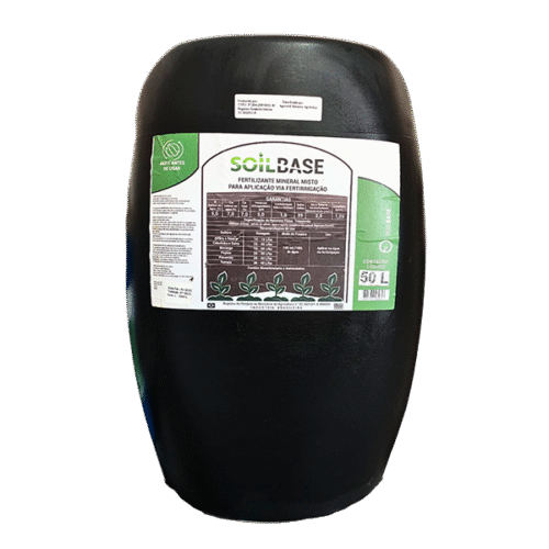 Tambor de 50 litros do SoilBase, fertilizante mineral misto para fertirrigação, com rótulo branco e verde.