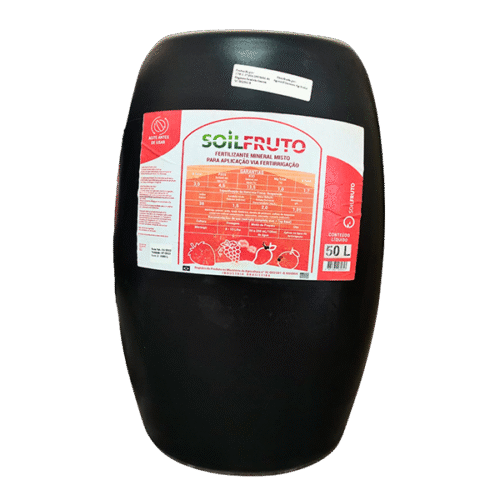 Tambor de 50 litros do SoilFruto, fertilizante mineral misto para fertirrigação, com rótulo branco e vermelho.