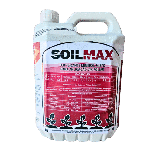 Galão de 5 litros do SoilMax, fertilizante mineral misto para aplicação via foliar, com rótulo branco e vermelho.