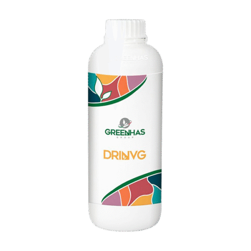 Frasco de DRIN VG da Greenhas Group com rótulo branco e detalhes coloridos nas bordas.