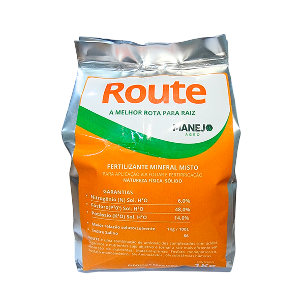 Pacote prateado de 1 kg do Route, fertilizante mineral misto para nutrição radicular.